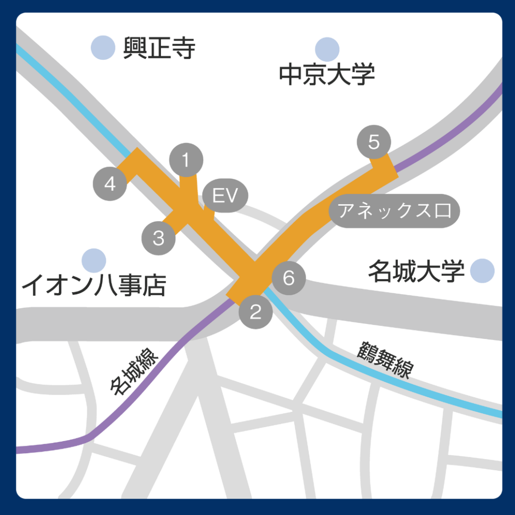 八事駅の各出口の位置